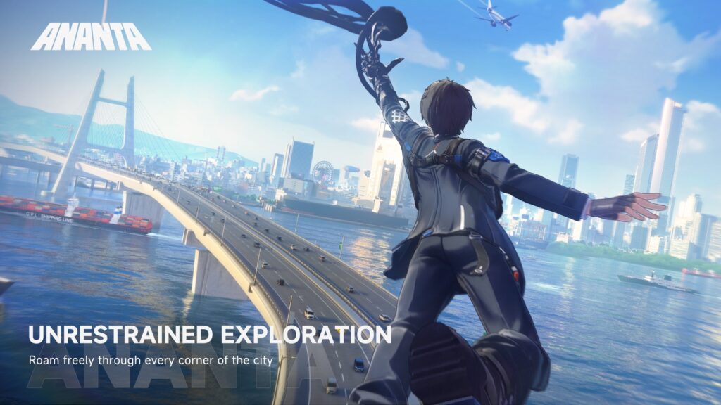 Ananta gameplay trailer still of a character overlooking the Nova City skyline, captioned 'Unrestrained Exploration' — no official release date graphic exists yet